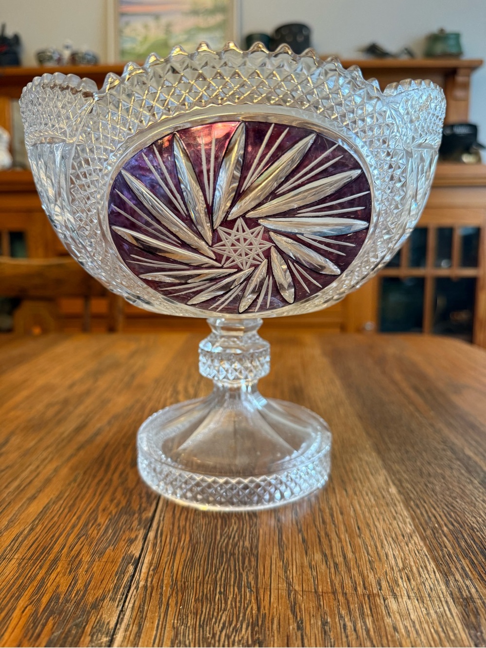 Vintage Czech Cut Crystal Footed Bowl with Purple